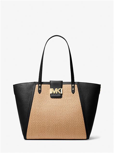 Karlie Large Straw and Pebbled Leather Tote Bag 